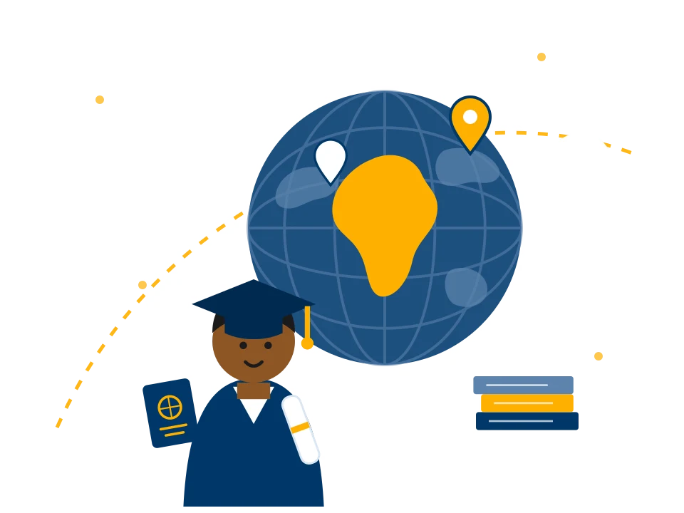 Illustration of a Chelis graduate in front of a globe with destination pins and a flight path